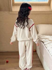 SHEIN Young Girls Casual Collared Pullover Sweatshirt & Tapered Leg Pants Set - Khaki - View 2