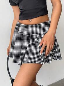 Aloruh Minifalda a cuadros con diseño de hebilla, estilo universitario - Blanco y Negro - Ver 5