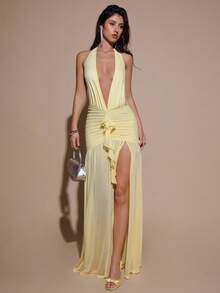 SHEIN BAE 性感简约纯黄色奶油色深 V 领露背紧身褶饰修身女式超长网眼连衣裙，适合派对、鸡尾酒会、正式场合、伴娘、生日、圣诞节、商务休闲、优雅女式超长连衣裙 - 淡黃色 - 查看 4