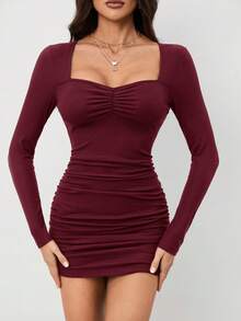 SHEIN Tall 甜心领蕾丝边褶饰修身黑色紧身连衣裙 - 酒紅色 - 查看 7