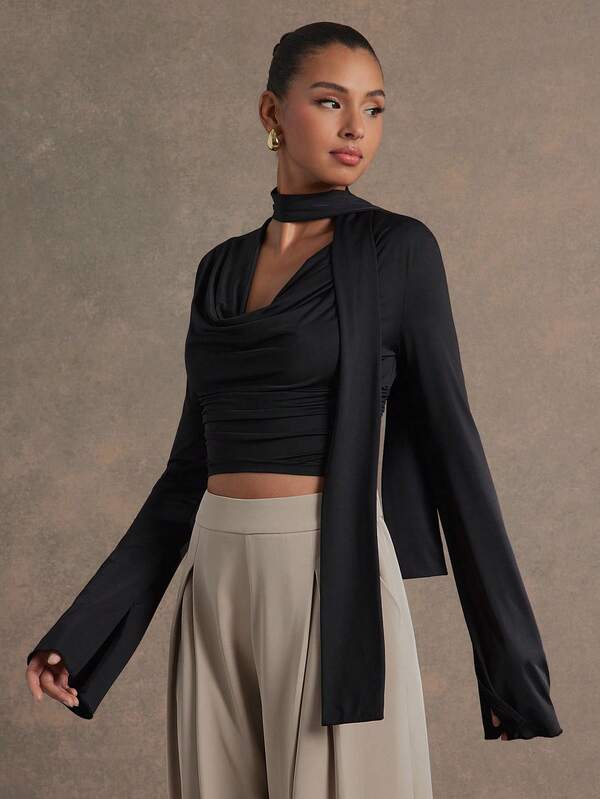 L'Amorae Jersey Strick Langarm Cowl Top mit Schal, Business Lässig Old Money eleganter Stil