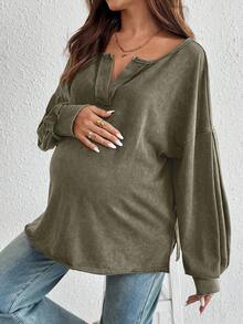 SHEIN Pregnant Women's Casual Notch Neck Drop Shoulder Sweatshirt, Autumn Cotton Tops Cotton Blouses Casual Tops Maternity Shirts For Women Comfy Tops