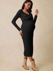 Boho Mama 孕妇休闲纯色纹理修身连衣裙，秋季 - 黑色 - 查看 3