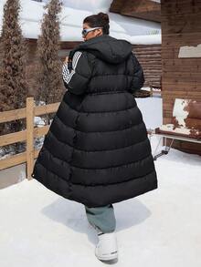 SHEIN EZwear 大尺碼女款休閒長款加厚外套，學院風，適合日常穿著，秋冬返校季 - 黑色 - 查看 2