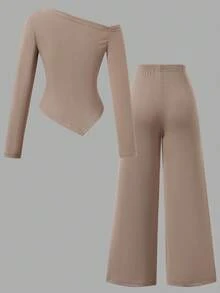 SHEIN Streecool Kids 2pcs/Set Tween Girls Oblique Shoulder Ribbed Fitted Long Sleeve Top + Straight Leg Pants Outfit