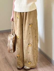 FRIFUL 女式棕色刺绣直筒裤，春季
