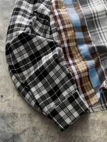 AXEPEAK Contrast Plaid Long Sleeve Button-Front Casual Shirt For Men, For Fall - Black and White - View 4