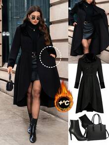 Ellevyn Sobretudo feminino plus size preto liso com gola de pele sintética, mangas compridas, abotoamento duplo, elegante, com bolsos internos e forro. Quente e confortável, de alta qualidade. Com bolsos, ideal para o outono. Confortável e quente para o frio. Novo modelo 2025. Sobretudo casual feminino plus size com bolsos e mangas compridas. - Preto - Ver 2