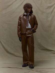 Musero Straight Leg Leather Pants Trouser Seam Detailing Pleat Style Front Winter - Coffee Brown - View 6