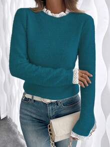 EMERY ROSE Fashionable & Sweet Lace Collar Soft Faux Fur Pullover Sweater, Versatile For Autumn/Winter - Teal Blue - View 7