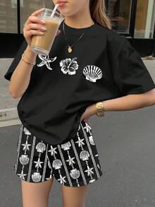 Bộ 2 món áo thun cổ tròn tay ngắn và quần short rộng rãi cho bé gái tuổi teen, họa tiết sọc xanh hình vỏ sò và sao biển, thích hợp cho kỳ nghỉ biển mùa xuân/hè - Nhiều màu - Xem 3