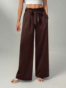 SHEIN Tall 女式休闲百搭纯色直筒正装裤 - 棕色 - 查看 8