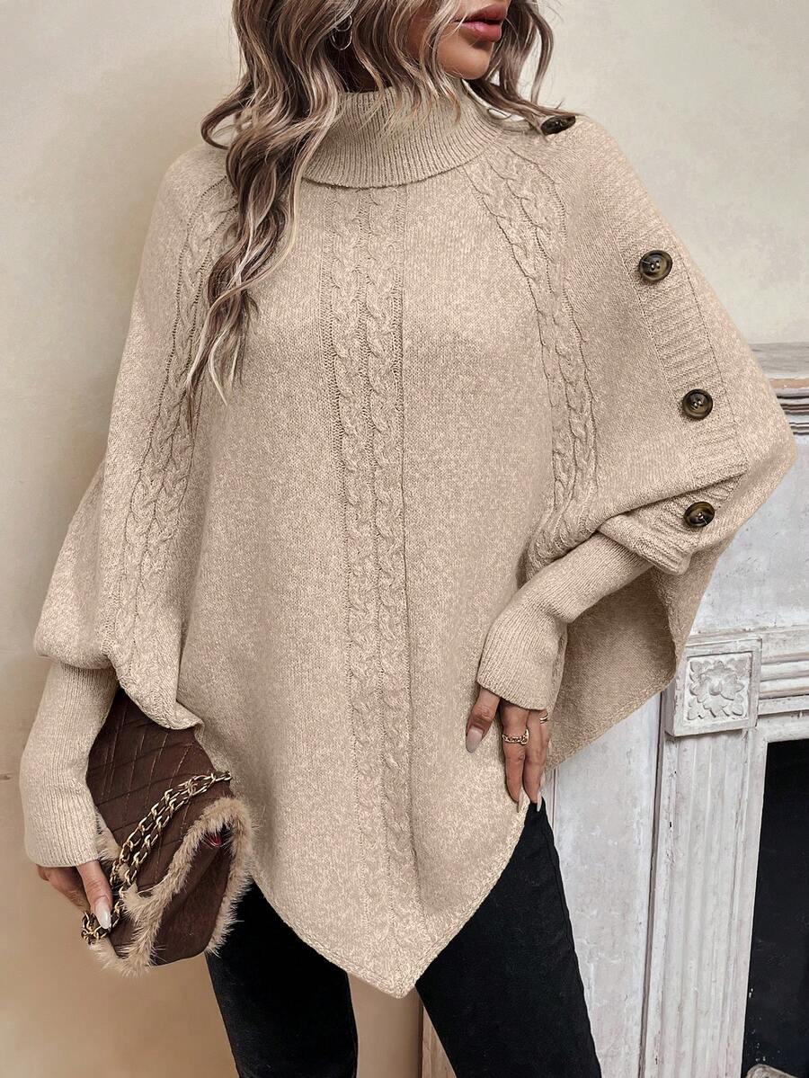 EMERY ROSE Women's Casual Solid Color Turtleneck Poncho Sweater, Autumn/Winter - Apricot - View 1
