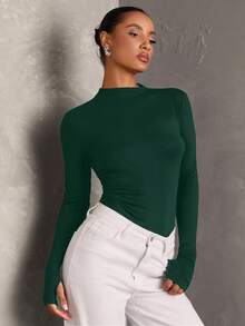 SHEIN BAE 女式黑色纯色舒适针织长袖简约褶皱修身紧身衣，百搭日常休闲穿着 - 墨綠色 - 查看 3