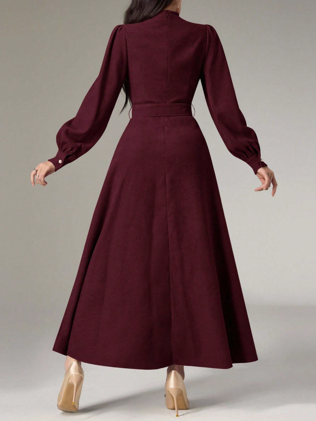 فستان أنيق باللون البرجندي للنساء مع أكمام فانوس و...