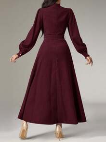 Heiryn Đầm nữ màu trơn cổ đứng tay đèn lồng cài nút phía trước thanh lịch màu đỏ tía - Màu Đỏ Sâu - Xem 2