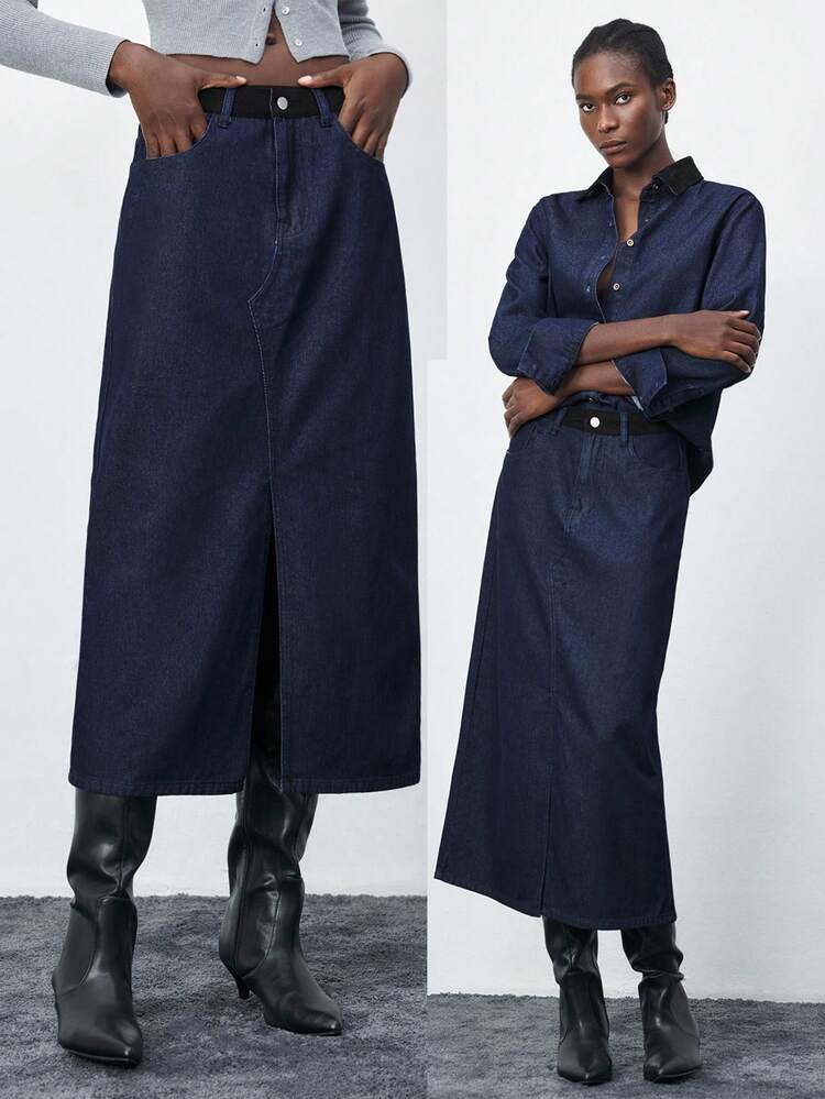 SHEIN Maija Saia Denim Casual Feminina de Cor Sólida com Bolsos e Passantes de Cinto, Versátil e na Moda