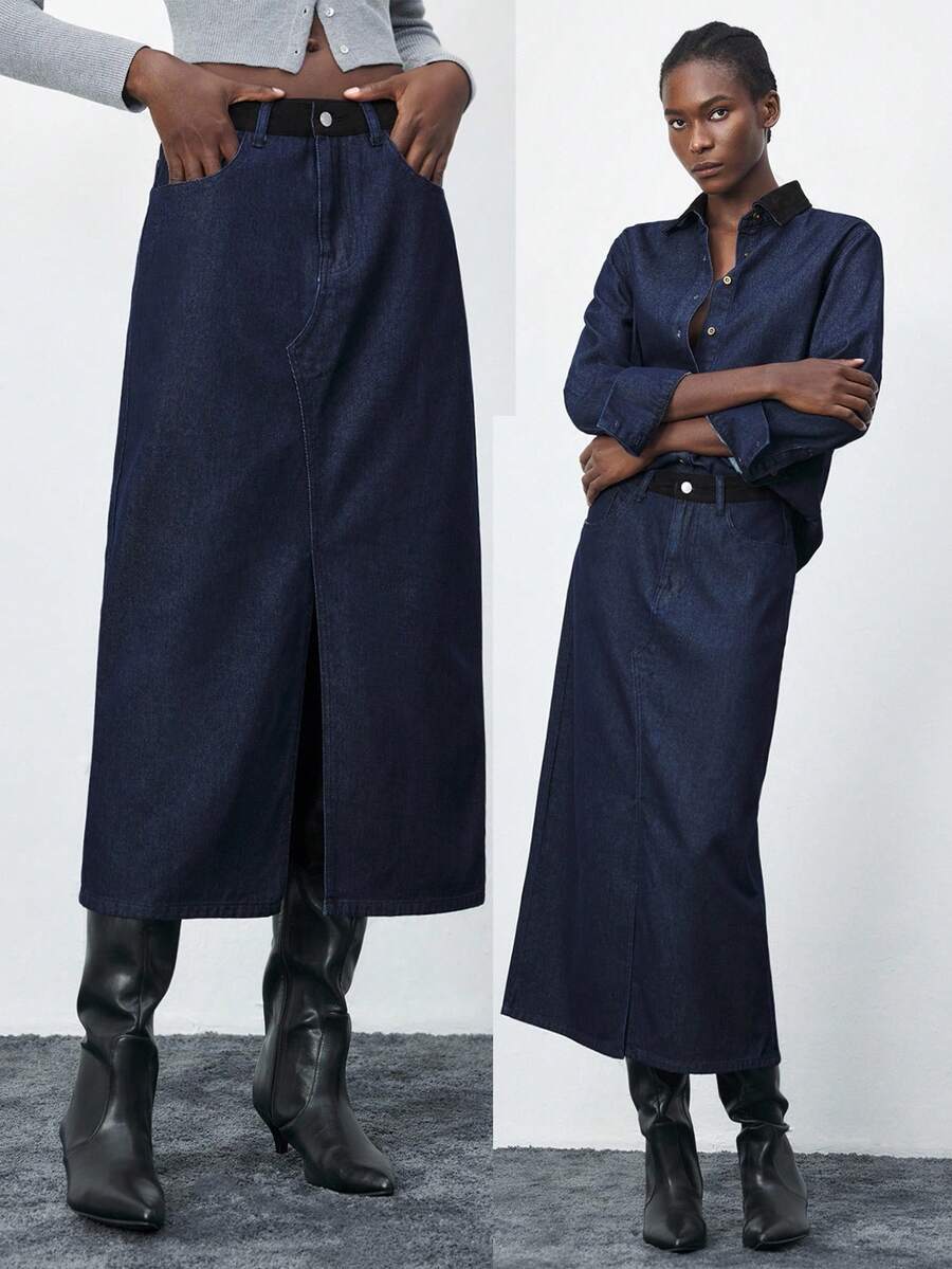 Maija Chân váy denim trơn màu đơn sắc dành cho nữ có túi và đai thắt lưng, đa năng và thời trang - Rửa tối - Xem 1