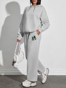 EURMUSE Women's Grey LA California Printed Hoodie And Sweatpants Set - Grey - View 5