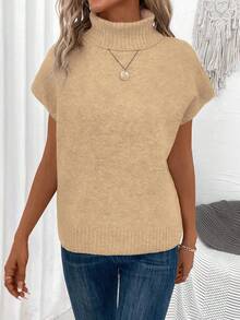 EMERY ROSE Casual High Neck Sleeveless Sweater Vest For Women - Khaki - View 4