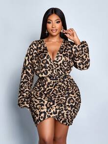 SOLERSUN 大码优雅性感深V领豹纹长袖连衣裙，适合派对和通勤（随机花卉图案），秋季女装，冬季女装，返校季连衣裙，感恩节女装，开学季服装，教师服装，万圣节节日，褶皱不对称下摆，腰包，臀部 - 棕色 - 查看 3