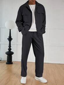 Manfinity Roghcode Bộ quần áo sơ mi và quần vải jacquard họa tiết tổ ong trơn màu cho nam Bộ 2 món cho nam Bộ đồ phối đồ nam Bộ đồ thể thao nam đầy đủ, Quần áo mùa thu - Màu xám đen - Xem 4