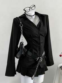 Elamini Áo sơ mi trơn màu trơn, dáng ôm vừa vặn, mùa thu, áo dài tay - màu đen - Xem 2