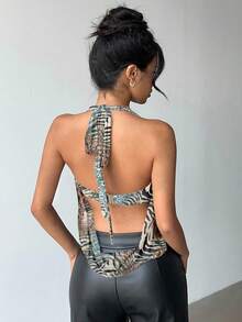 Aloruh 全新性感透视低胸露背豹纹斑马纹全覆盖金属装饰露背吊带背心，适合派对、聚会、音乐节 - 彩色 - 查看 2