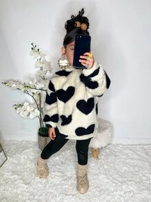 SHEIN 年轻女孩心形图案连帽休闲运动衫 - 白色 - 查看 5