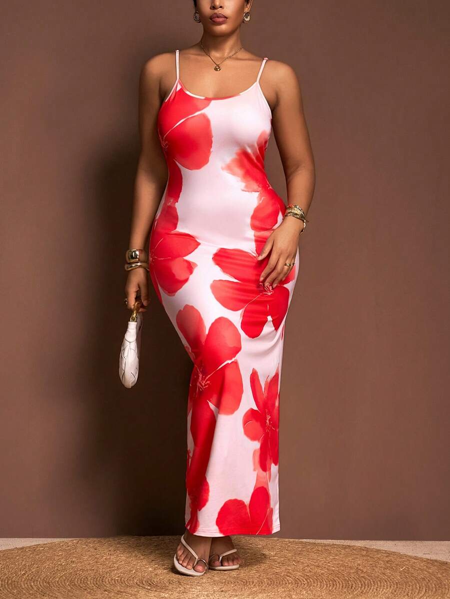 Slaydiva Vestido Camiseta Elegante e da Moda com Estampa Floral Ajustado para Mulheres Plus Size - Multicolorido - Visão 1