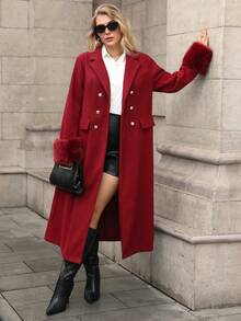 Juhart 圣诞节加大码女式纯色翻领长袖双排扣口袋优雅冬装外套，中长款收腰高档夹克 - 酒紅色 - 查看 6