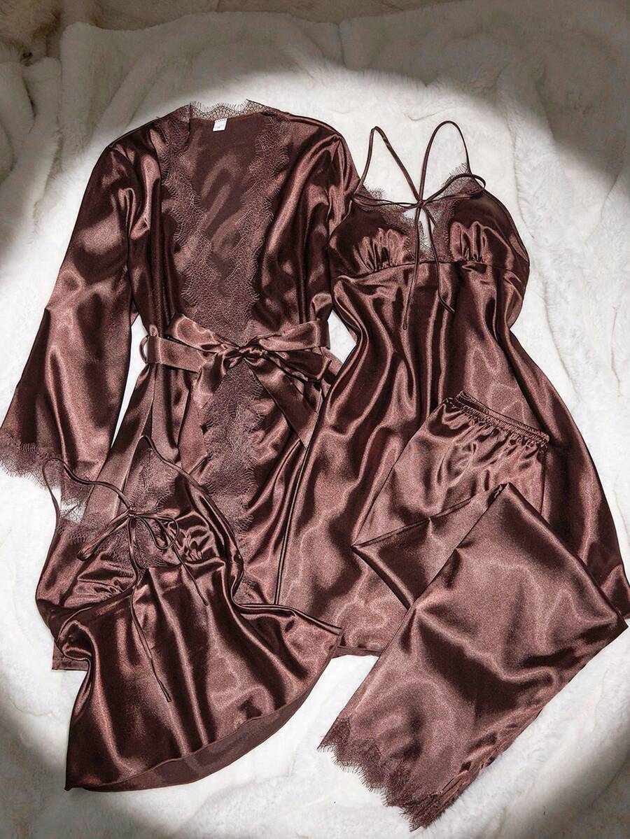 Bộ 4 món SilkySpell: Áo hai dây chữ V khoét sâu gợi cảm dành cho nữ, Áo ngủ, Quần, Áo choàng, Bộ đồ ngủ bằng vải satin, Màu cà phê, Bộ đồ ngủ màu nâu cho mọi mùa Bộ đồ ngủ bằng vải satin Bộ đồ lót bằng vải satin Chi tiết ấm cúng và thanh lịch, Quần áo thu đông - Màu nâu Sô-cô-la - Xem 1