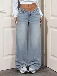 SHEIN Tall Quần jeans ống đứng cạp cao phong cách ICON dành cho nữ, dáng cao, gợi cảm, lưng thấp - Rửa nhẹ - Xem 7