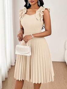 SHEIN Lady 女式纯色荷叶边下摆百褶时尚迷你连衣裙 - 杏色 - 查看 4