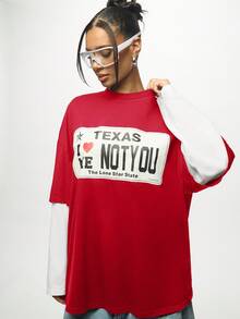 SUMWON WOMEN Oversized Texas Graphic Tee Long Sleeve Layered Statement T-Shirt Double Layer Design Casual Cotton Blend Top