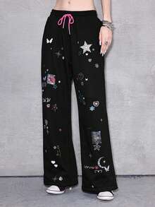 ROMWE Avant Y2K Baddie Punk Girl Bow, Pixel Star, Moon, Heart, Swirl, Rose Print Drawstring Loose Fit Sweatpants With Rhinestones - Black - View 3