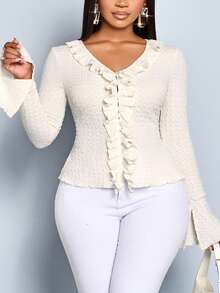 SOLERSUN Plus Size Women's Autumn Elegant Casual Front Bell Sleeve Jacket With Ruffles On Both Sides, Suitable For Daily Travel And Party - Apricot - View 1