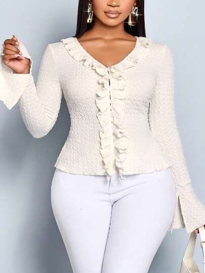 SOLERSUN Plus Size Women's Autumn Elegant Casual Front Bell Sleeve Jacket With Ruffles On Both Sides, Suitable For Daily Travel And Party