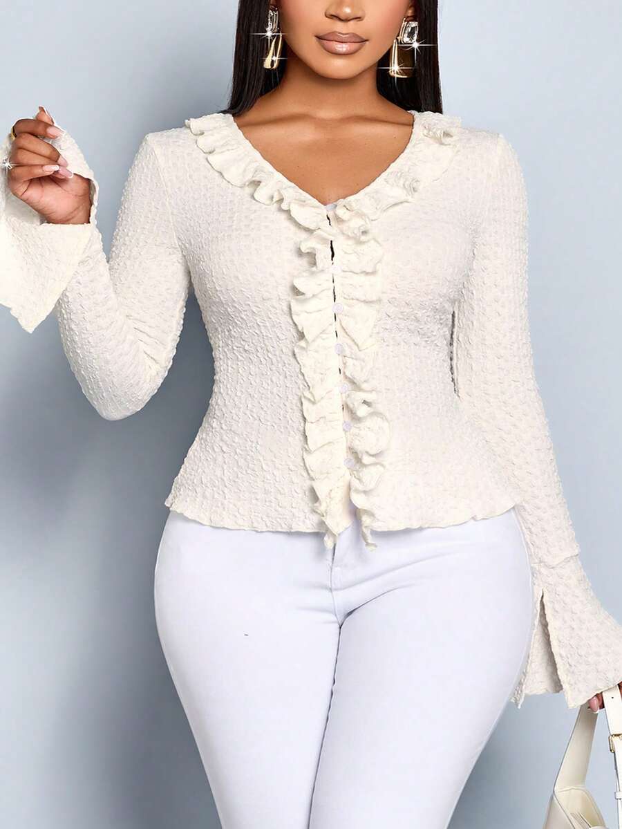 SOLERSUN Plus Size Women's Autumn Elegant Casual Front Bell Sleeve Jacket With Ruffles On Both Sides, Suitable For Daily Travel And Party - Apricot - View 1