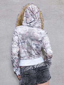 ROMWE Avant Y2K 复古天鹅绒迷彩连帽仿皮草开衫女式常规夹克，秋冬 - 彩色 - 查看 1