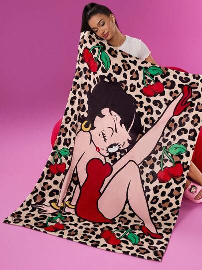 Betty Boop x SHEIN 1 Pc Leopard Cherry Print Flannel Thickened Blanket, Soft And Warm, Not Easy To Shed, Various Sizes, Can Be Used On The Sofa, Bed, And Lunch Break,Gift Ideas,Party,Holiday,Valentine's Day