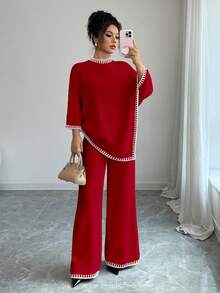 Elenzga 女士休闲宽松斗篷设计上衣和宽松撞色裤子针织两件套 - 紅色 - 查看 3