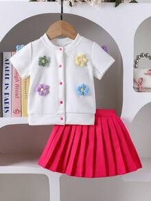 SHEIN 2pcs Baby Girls Summer Outfit: Embroidered Knit Shirt + Solid Color Pleated Skirt