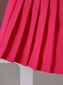 SHEIN 2pcs Baby Girls Summer Outfit: Embroidered Knit Shirt + Solid Color Pleated Skirt