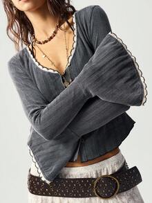 Bohemela Bluză casual pentru femei, din tricot solid, spălată, cu blocuri de culoare, potrivită pentru toamnă/iarnă, Halloween, festivaluri de muzică - Negru - Vizualizare 2