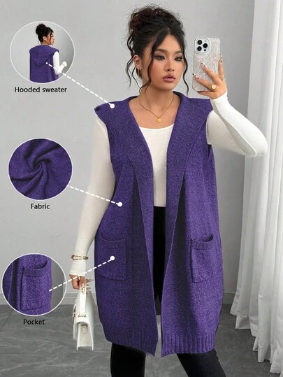 Elenzga 大码女式法式针织中长款无袖连帽开衫毛衣背心，宽松休闲百搭通勤