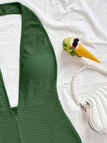 Soleia Women's Vacation White Knit Textured Wavy Pattern Deep V Neck Backless Sexy Bodysuit, Fashionable Fitted For Party, Date, Afternoon Tea, Boho Vacation, Beach, Summer Outfit Green - Olive Green - View 3