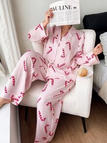 SHEIN Plus Size Women Christmas Candy Cane Striped Lapel Long Sleeve Top & Pants Pajama Set Curve Pajamas Set Pajama Sets For Women Long Sleeve Comfy Pajamas Set Women Pajama, Cozy Outfit, Fall Winter Clothes - Multicolor - View 6