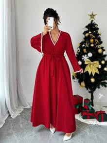 SHEIN Elenzya Christmas Plus Size Beaded Decor Elegant Party Dress - Red - View 7