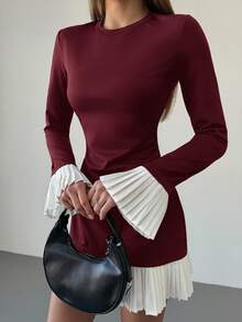 Aloruh Vestido midi elegante de mujer con mangas acampanadas y plisadas en bloque de color para uso diario - Burdeos - Ver 2